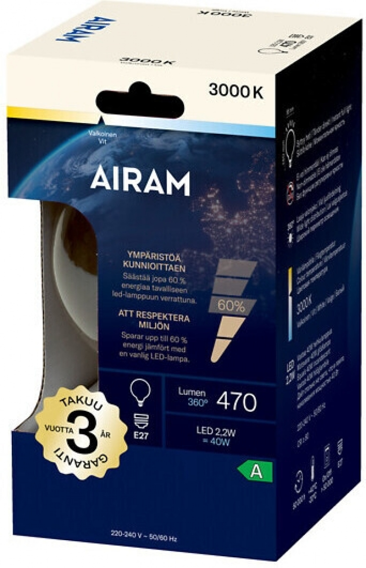 Airam LED G95-pære, E27, 3000K, 470lm, klar kobber