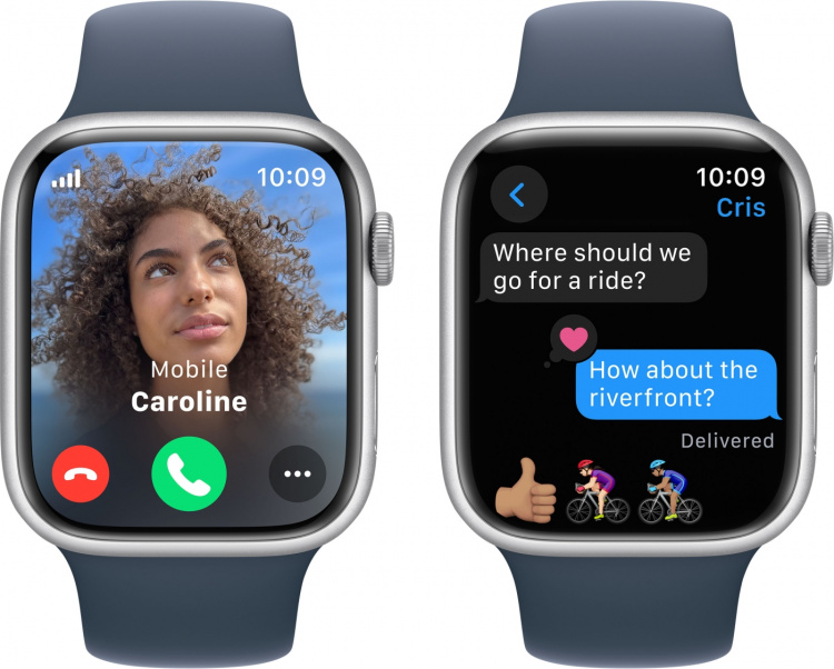 Apple Watch Series 9 (GPS + Cellular) 45 mm sølvfarvet aluminiumskasse og stormblå sportsarmbånd, M/L (MRMH3)