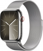 Apple Watch Series 9 (GPS + Cellular) 45 mm sølvfarvet urkasse i rustfrit stål og sølvfarvet Milano-rem (MRMQ3)