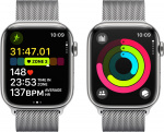 Apple Watch Series 9 (GPS + Cellular) 45 mm sølvfarvet urkasse i rustfrit stål og sølvfarvet Milano-rem (MRMQ3)