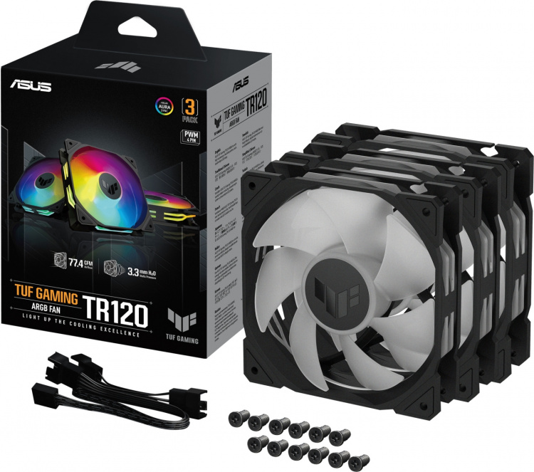ASUS TUF Gaming TR 120 ARGB PWM-blæser, 120 mm, sort, 3-pak ASUS TUF Gaming TR 120 ARGB PWM-blæser, 120 mm, sort, 3-pak