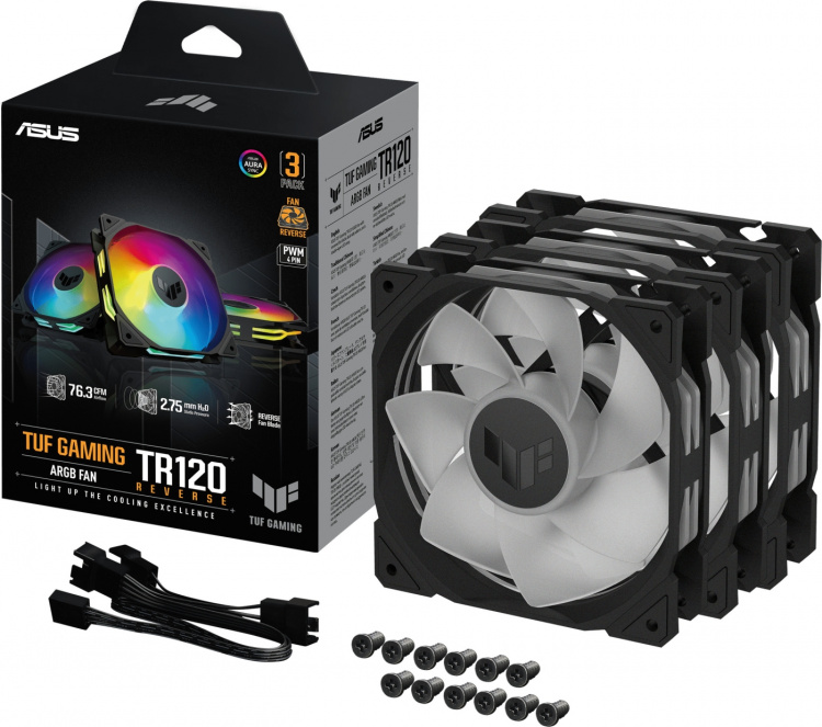 ASUS TUF Gaming TR 120 ARGB Reverse PWM-blæser, 120 mm, sort, 3-pak ASUS TUF Gaming TR 120 ARGB Reverse PWM-blæser, 120 mm, sort, 3-pak