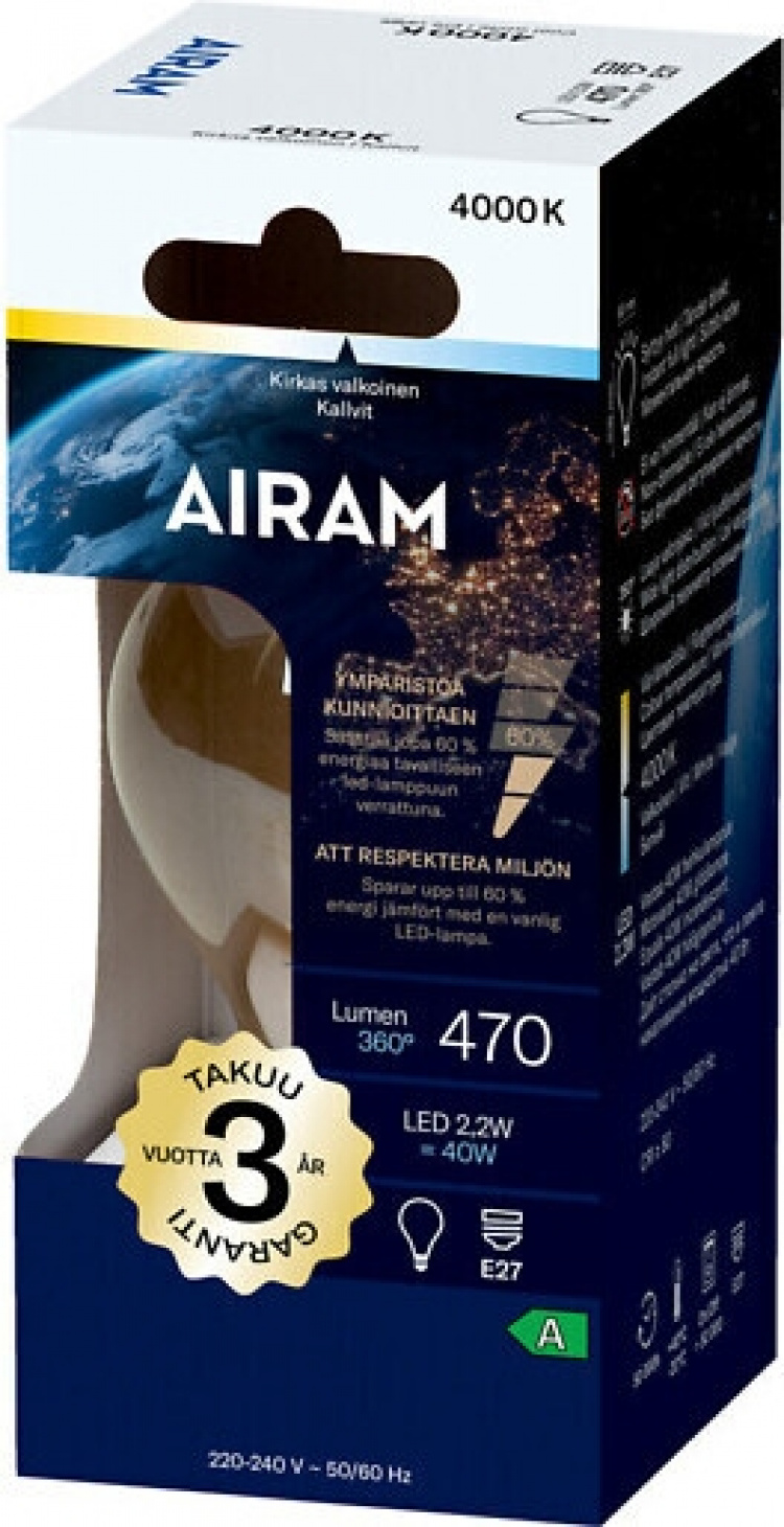 Airam LED A60-lampe, E27, 4000K, 470lm, klar kobber
