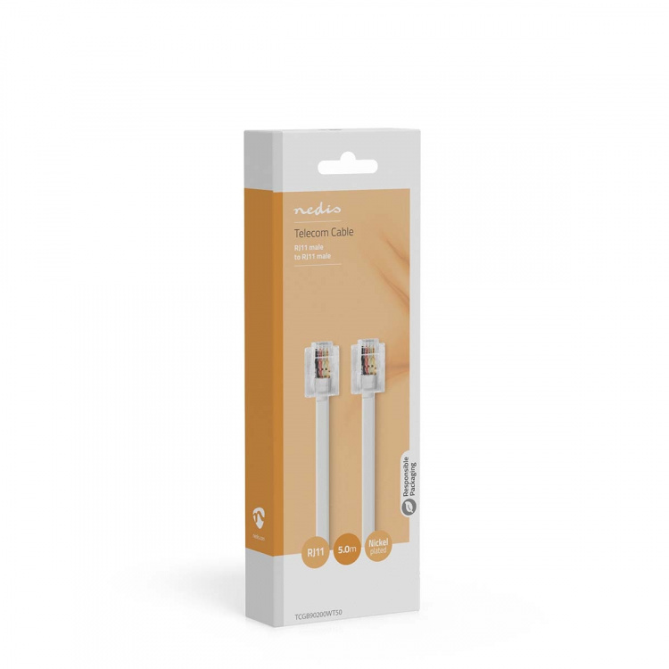 Nedis Telecom Kabel | RJ11 Hanstik | RJ11 Hanstik | 5.00 m | Kabeludformning: Fladt | Kabeltype: RJ11 | Gennemsigtig / Hvid