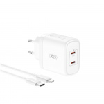 XO väggladdare CE08 PD 50W 2x USB-C vit + USB-C - Lightning-kabel