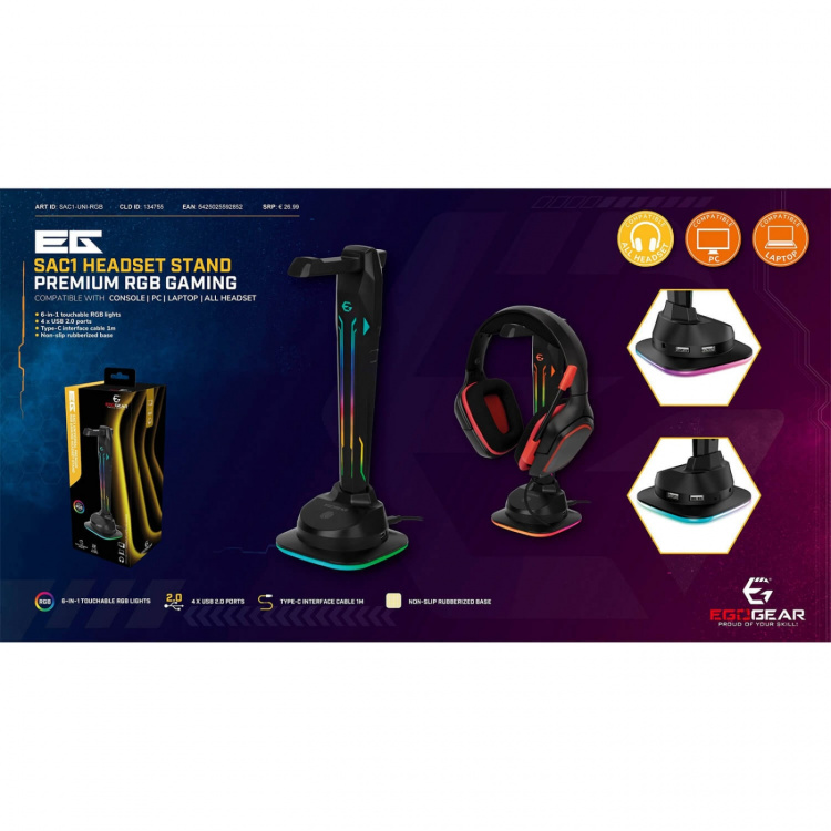 EgoGear Headsetstander SAC1 RGB 4xUSB-port Type-C 1m