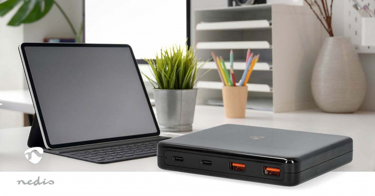 Nedis Bordlader | 65 W | GaN | 1.5 / 2.0 / 2.5 / 3.0 / 3.25 A A | Antal output: 4 | USB-A / USB-C™ | Euro | 1.50 m | Automatisk Valgt Spænding