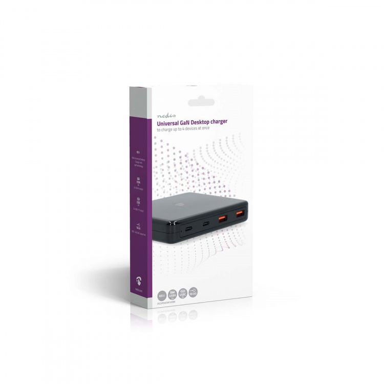 Nedis Bordlader | 65 W | GaN | 1.5 / 2.0 / 2.5 / 3.0 / 3.25 A A | Antal output: 4 | USB-A / USB-C™ | Euro | 1.50 m | Automatisk Valgt Spænding