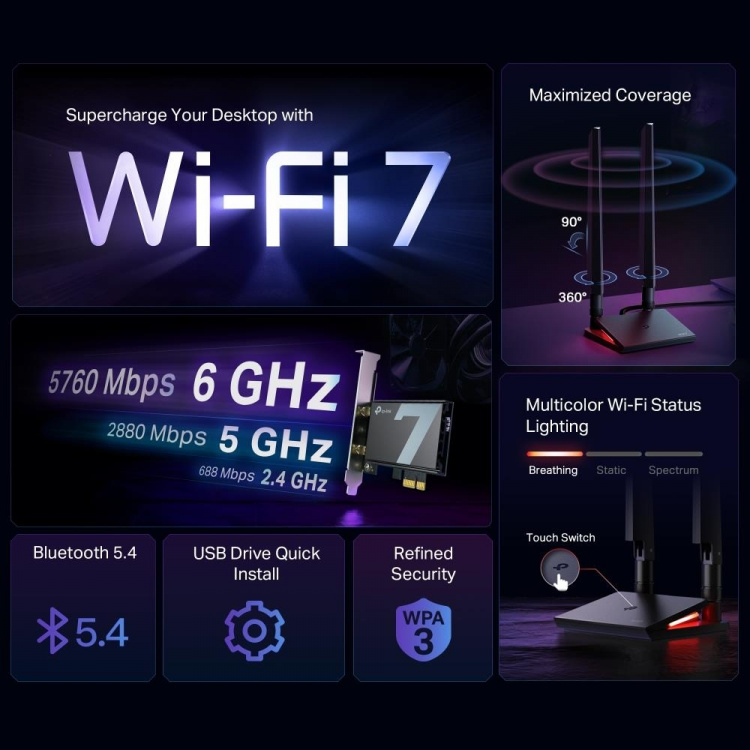 TP-Link BE9300 Tri-Band Wi-Fi 7 Bluetooth PCIe-adapter /Archer TBE550E TP-Link BE9300 Tri-Band Wi-Fi 7 Bluetooth PCIe-adapter /Archer TBE550E