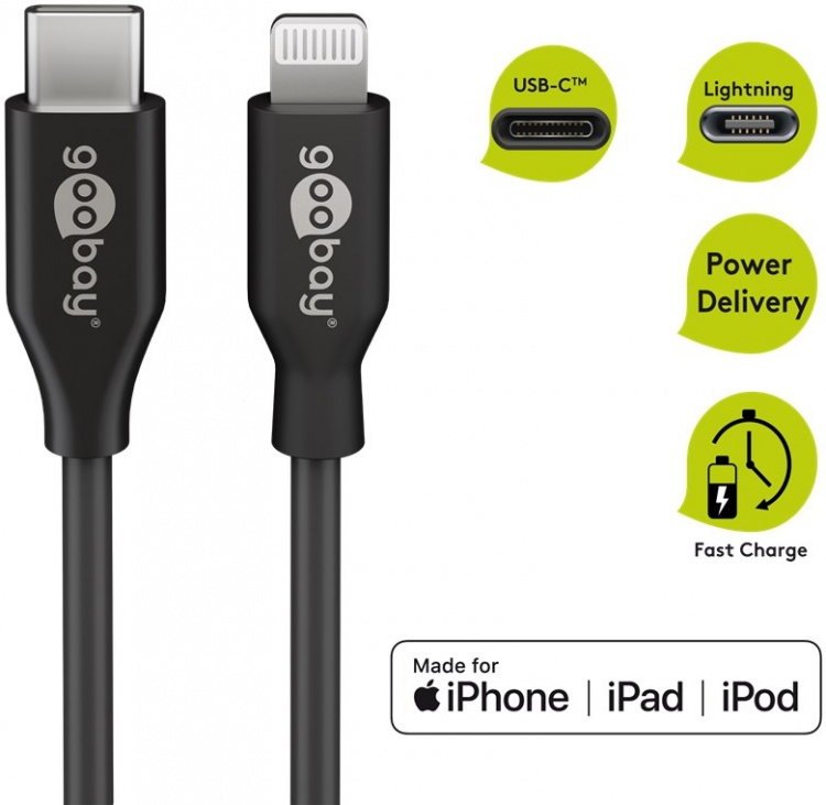 Goobay Lightning till USB-C™ laddnings- och synkroniseringskabel, 0,5 m, svart MFi-kabel för Apple iPhone/iPad Goobay Lightning till USB-C™ laddnings- och synkroniseringskabel, 0,5 m, svart MFi-kabel för Apple iPhone/iPad