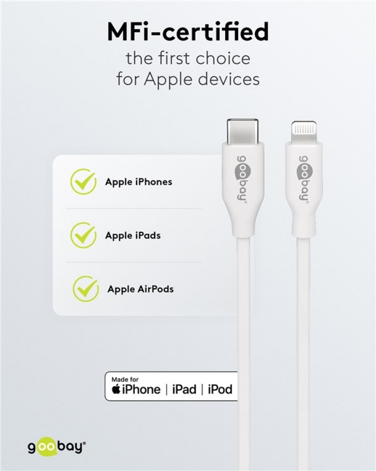 Goobay Lightning till USB-C™ laddnings- och synkroniseringskabel, 0,5 m, vit MFi-kabel för Apple iPhone/iPad Goobay Lightning till USB-C™ laddnings- och synkroniseringskabel, 0,5 m, vit MFi-kabel för Apple iPhone/iPad