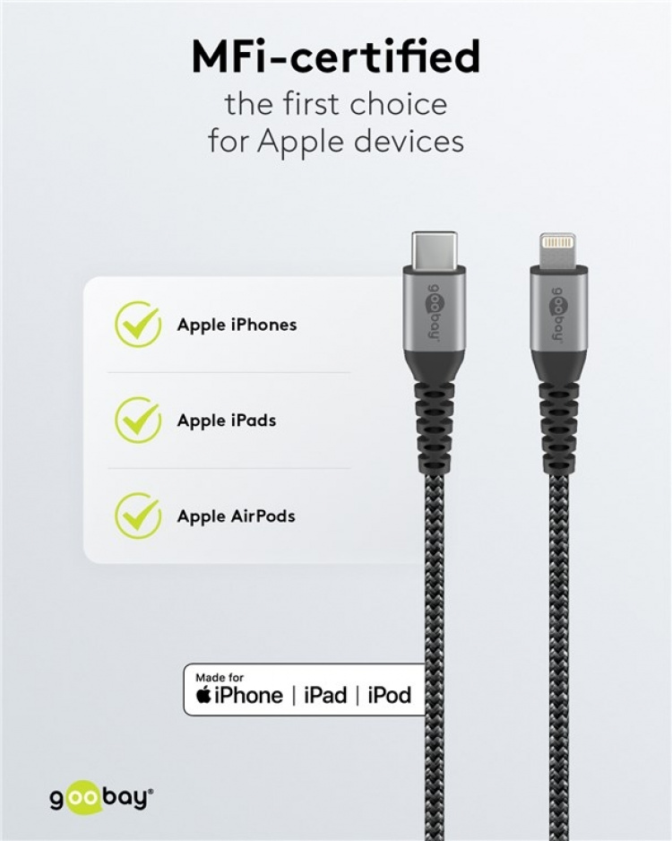 Goobay Lightning-USB-C™ textilkabel med metallkontakter, 2 m MFi-certifierad, elegant och extra robust laddnings- och synkroniseringskabel för Apple iPhone/iPad (svart, grå) Goobay Lightning-USB-C™ textilkabel med metallkontakter, 2 m MFi-certifierad, elegant och extra robust laddnings- och synkroniseringskabel för Apple iPhone/iPad (svart, grå)