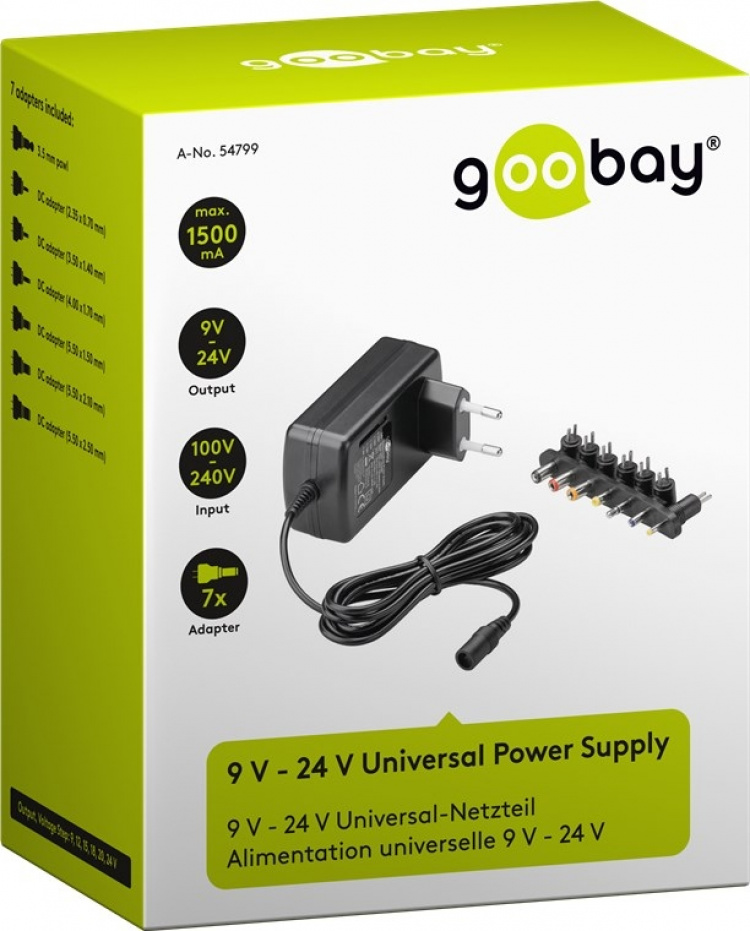 Goobay Universalnätdel (9 V - 24 V max. 24 W / 1,5 A) inkl. 7x DC-adaptrar Goobay Universalnätdel (9 V - 24 V max. 24 W / 1,5 A) inkl. 7x DC-adaptrar