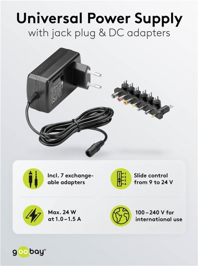 Goobay Universalnätdel (9 V - 24 V max. 24 W / 1,5 A) inkl. 7x DC-adaptrar Goobay Universalnätdel (9 V - 24 V max. 24 W / 1,5 A) inkl. 7x DC-adaptrar