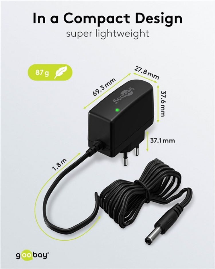 Goobay 12 V nätdel (7,2 W / 0,6 A) med centrumstift (han) 5,5 mm x 2,1 mm