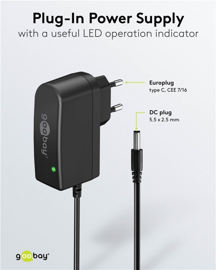 Goobay 12 V nätdel (7,2 W / 0,6 A) med centrumstift (han) 5,5 mm x 2,5 mm Goobay 12 V nätdel (7,2 W / 0,6 A) med centrumstift (han) 5,5 mm x 2,5 mm