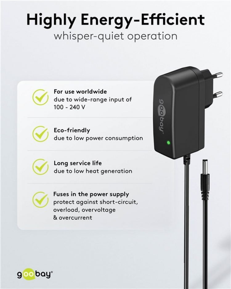 Goobay 12 V nätdel (12 W / 1,0 A) med centrumstift (han) 5,5 mm x 2,5 mm Goobay 12 V nätdel (12 W / 1,0 A) med centrumstift (han) 5,5 mm x 2,5 mm