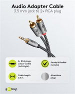 Goobay Ljudadapterkabel AUX, 3,5 mm jack till stereo RCA-kontakt, 0,5 m Pawl 3,5 mm plugg (3-stift, Stereo) > 2x RCA-kontakt (ljud vänster / höger) Goobay Ljudadapterkabel AUX, 3,5 mm jack till stereo RCA-kontakt, 0,5 m Pawl 3,5 mm plugg (3-stift, Stereo) > 2x RCA-kontakt (ljud vänster / höger)