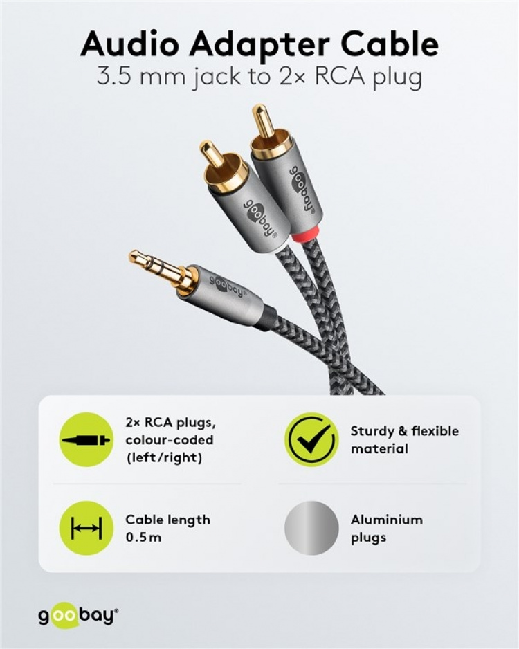 Goobay Ljudadapterkabel AUX, 3,5 mm jack till stereo RCA-kontakt, 0,5 m Pawl 3,5 mm plugg (3-stift, Stereo) > 2x RCA-kontakt (ljud vänster / höger) Goobay Ljudadapterkabel AUX, 3,5 mm jack till stereo RCA-kontakt, 0,5 m Pawl 3,5 mm plugg (3-stift, Stereo) > 2x RCA-kontakt (ljud vänster / höger)