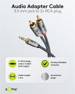 Goobay Ljudadapterkabel AUX, 3,5 mm jack till stereo RCA-kontakt, 1 m Pawl 3,5 mm plugg (3-stift, Stereo) > 2x RCA-kontakt (ljud vänster / höger) Goobay Ljudadapterkabel AUX, 3,5 mm jack till stereo RCA-kontakt, 1 m Pawl 3,5 mm plugg (3-stift, Stereo) > 2x RCA-kontakt (ljud vänster / höger)