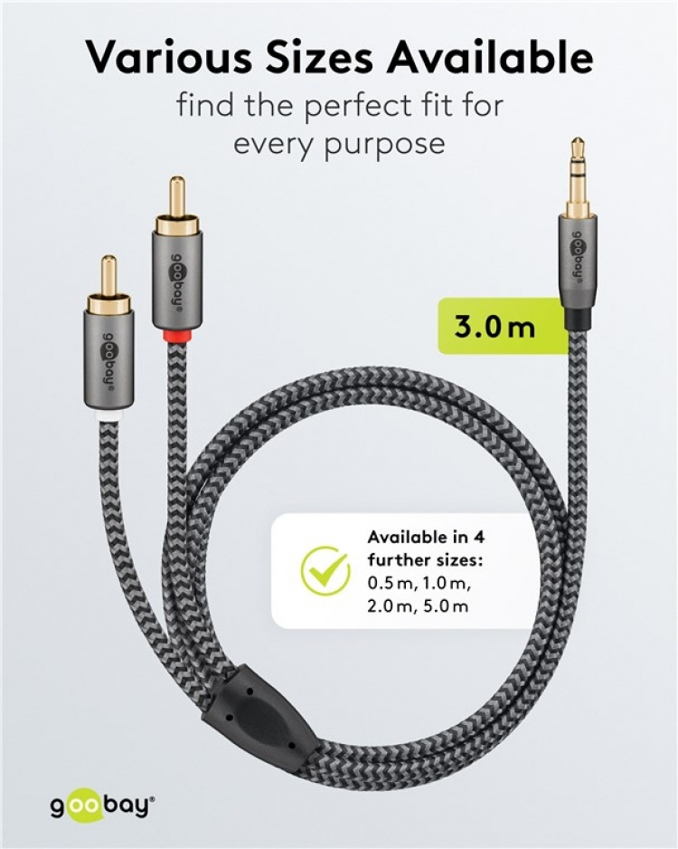 Goobay Ljudadapterkabel AUX, 3,5 mm jack till stereo RCA-kontakt, 3 m Pawl 3,5 mm plugg (3-stift, Stereo) > 2x RCA-kontakt (ljud vänster / höger)