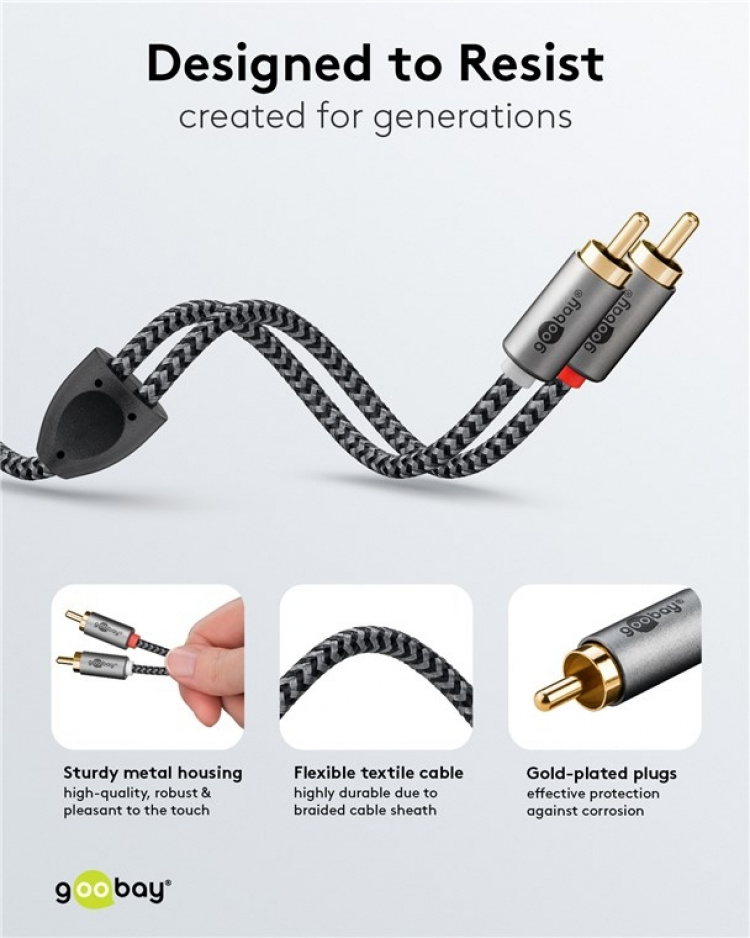 Goobay Stereo RCA-kabel, 5 m 2x RCA-kontakt (ljud vänster / höger) > 2x RCA-kontakt (ljud vänster / höger)