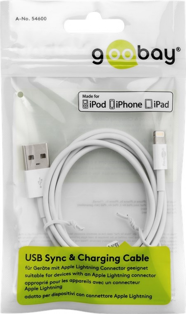 Goobay Lightning USB-kabel för laddning och synkronisering, 2 m, vit MFi-kabel för Apple iPhone/iPad Goobay Lightning USB-kabel för laddning och synkronisering, 2 m, vit MFi-kabel för Apple iPhone/iPad
