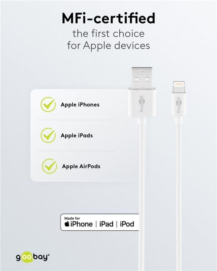 Goobay Lightning USB-kabel för laddning och synkronisering, 2 m, vit MFi-kabel för Apple iPhone/iPad Goobay Lightning USB-kabel för laddning och synkronisering, 2 m, vit MFi-kabel för Apple iPhone/iPad