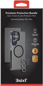 3SIXT 4in1 Protection Bundle mobilskal, skärmskydd, kameraskydd och stressfri applikator, kompatibel med Samsung Galaxy S24 Ultra, transparent