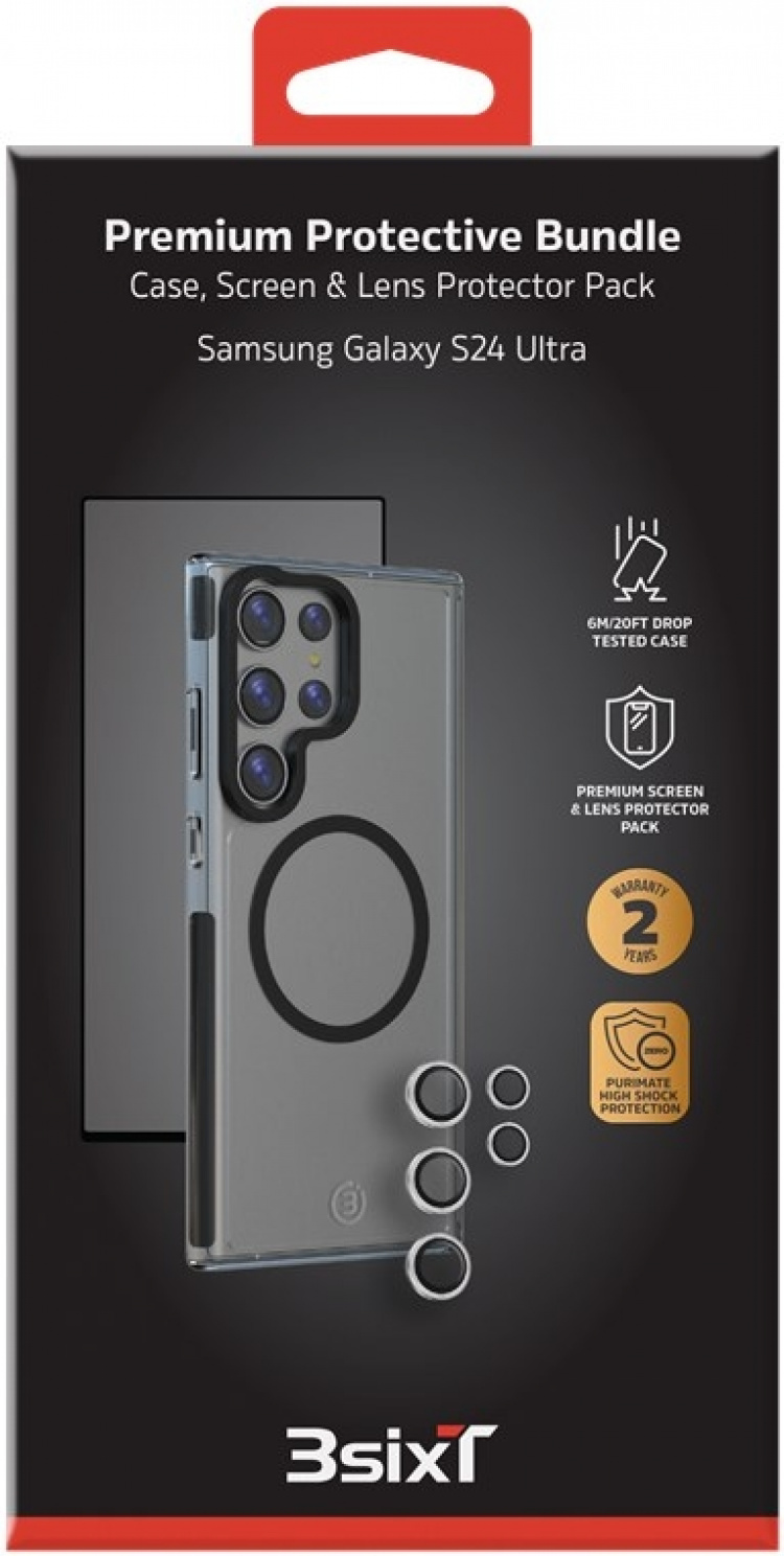 3SIXT 4in1 Protection Bundle mobilskal, skärmskydd, kameraskydd och stressfri applikator, kompatibel med Samsung Galaxy S24 Ultra, transparent