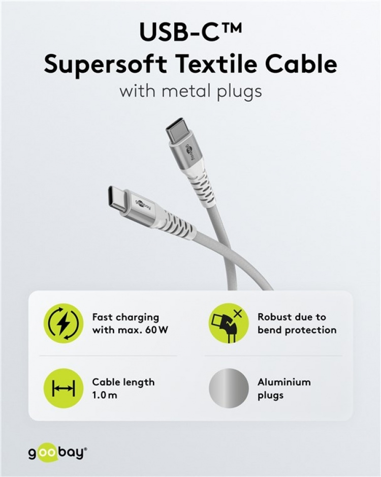 Goobay USB-C™ supersoft textilkabel med metallkontakter, 1 m, vit elegant och extra robust anslutningskabel för enheter med USB-C™-port