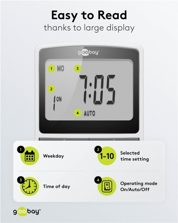 Goobay Digital timer programmerbar timer med kontakt med skyddsjord (typ F) Goobay Digital timer programmerbar timer med kontakt med skyddsjord (typ F)