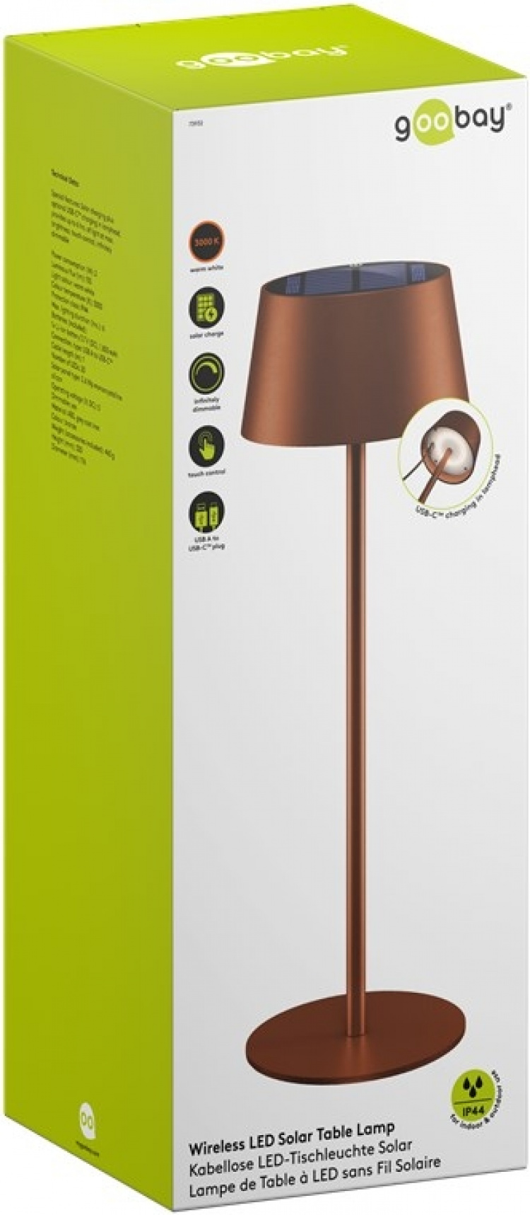 Goobay Trådlös LED-bordslampa med solcell, brons med touchkontroll, 150 lm, varmvit (3000 K), steglöst dimbar