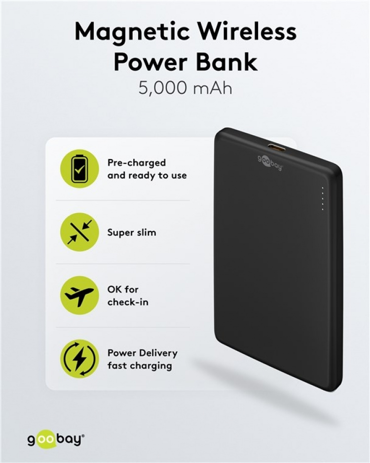 Goobay Magnetisk trådlös powerbank 5.000 mAh fäster magnetiskt på baksidan av mobiltelefonen, perfekt för samtidig laddning och telefonering Goobay Magnetisk trådlös powerbank 5.000 mAh fäster magnetiskt på baksidan av mobiltelefonen, perfekt för samtidig laddning och telefonering