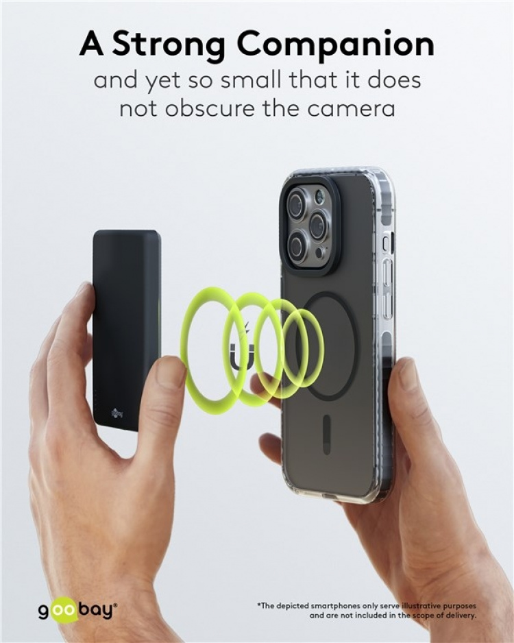 Goobay Magnetisk trådlös powerbank 5.000 mAh fäster magnetiskt på baksidan av mobiltelefonen, perfekt för samtidig laddning och telefonering Goobay Magnetisk trådlös powerbank 5.000 mAh fäster magnetiskt på baksidan av mobiltelefonen, perfekt för samtidig laddning och telefonering