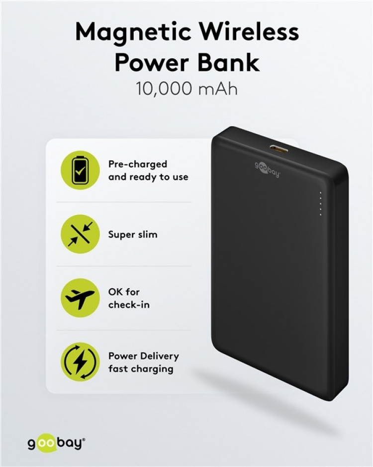 Goobay Magnetisk trådlös powerbank 10.000 mAh fäster magnetiskt på baksidan av mobiltelefonen, perfekt för samtidig laddning och telefonering