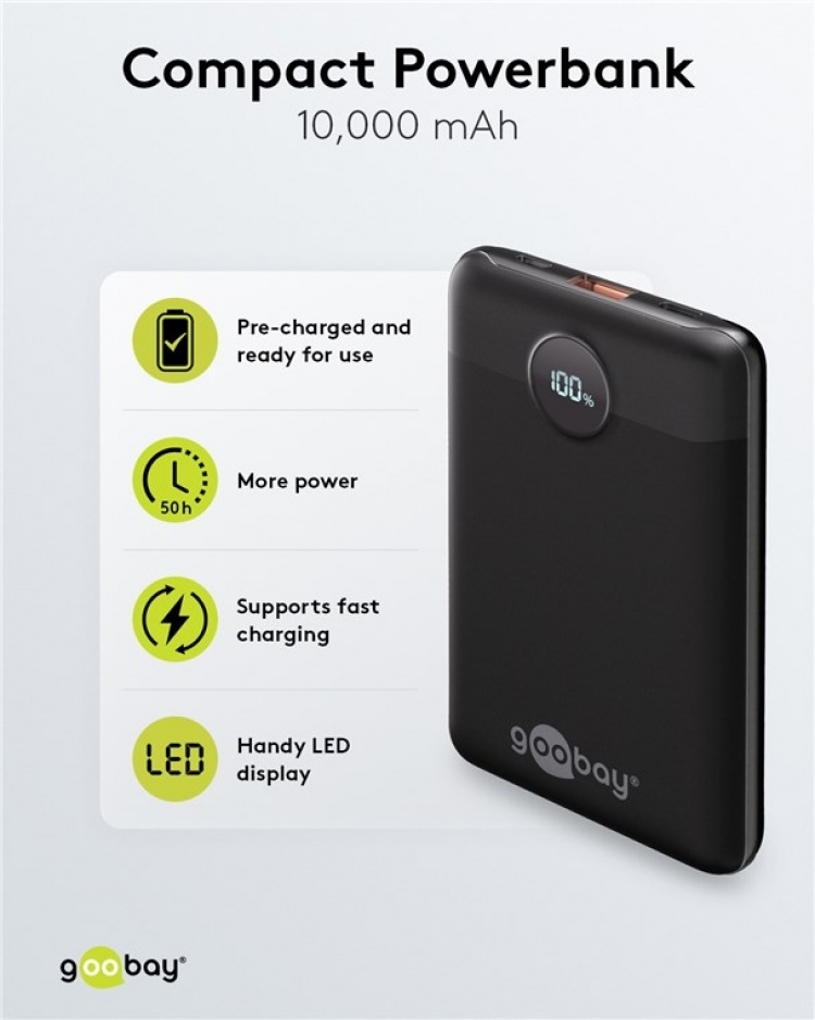 Goobay Powerbank kompakt 10.000 mAh praktisk och platsbesparande design med 10.000 mAh, perfekt för resor
