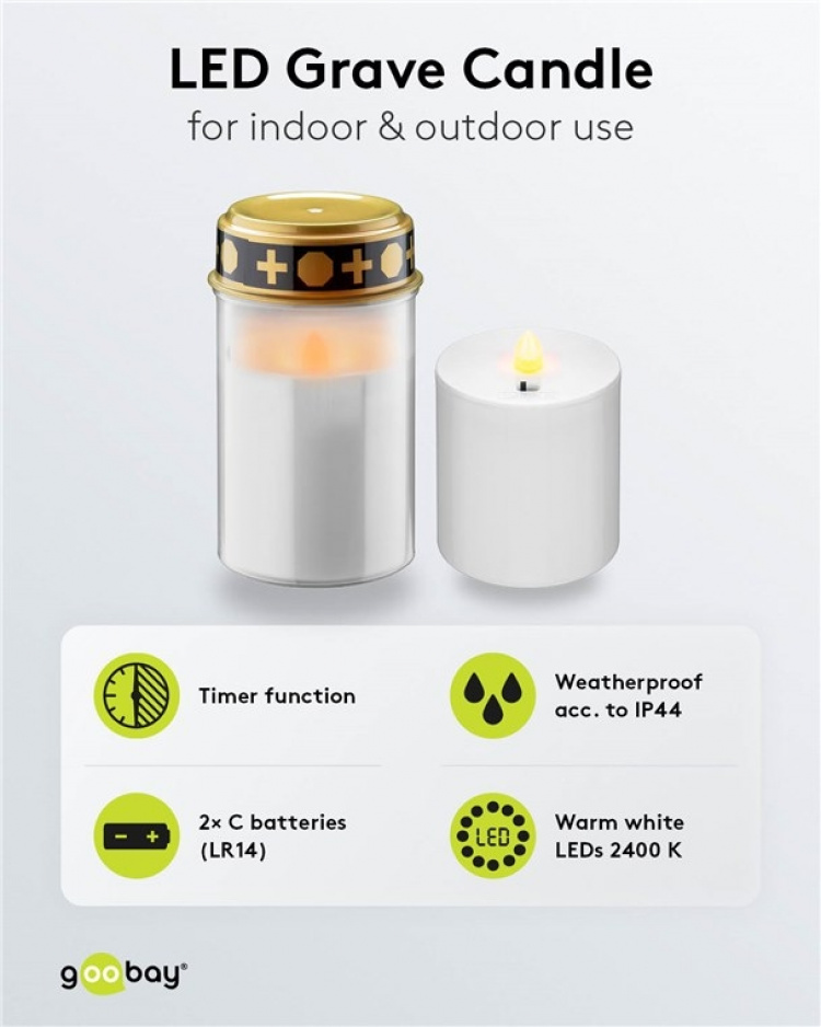 Goobay LED gravljus med timer, vitt varmvit (2400 K), batteridriven (2x C/LR14), för inom- och utomhusbruk (IP44)