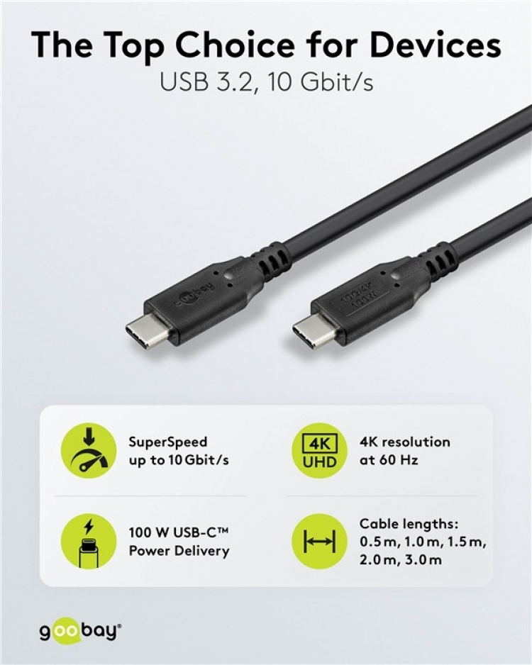 Goobay USB-C™-kabel, USB 3.2, 100 W, 10 Gbit/s, Power Delivery, 1 m USB-C™-kontakt > USB-C™-kontakt