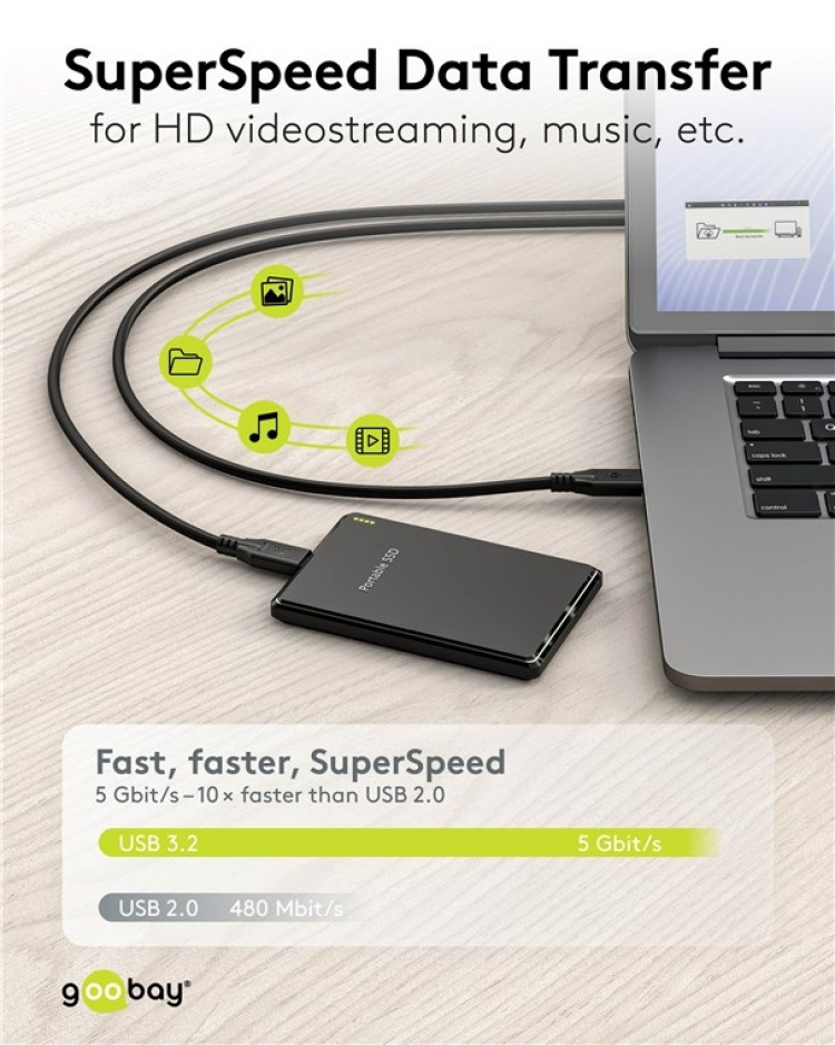 Goobay USB-C™-kabel, USB 3.2, 60 W, 5 Gbit/s, Power Delivery, 3 m USB-C™-kontakt > USB-C™-kontakt Goobay USB-C™-kabel, USB 3.2, 60 W, 5 Gbit/s, Power Delivery, 3 m USB-C™-kontakt > USB-C™-kontakt