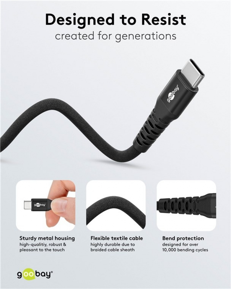 Goobay USB-C™ supersoft textilkabel med metallkontakter, 0,5 m, svart elegant och extra robust anslutningskabel för enheter med USB-C™-port Goobay USB-C™ supersoft textilkabel med metallkontakter, 0,5 m, svart elegant och extra robust anslutningskabel för enheter med USB-C™-port
