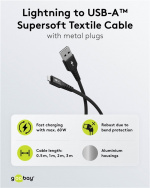 Goobay Lightning-USB-A supersoft textilkabel med metallkontakter, 1 m, svart MFi-certifierad, elegant och extra robust laddnings- och synkroniseringskabel för Apple iPhone/iPad (svart) Goobay Lightning-USB-A supersoft textilkabel med metallkontakter, 1 m, svart MFi-certifierad, elegant och extra robust laddnings- och synkroniseringskabel för Apple iPhone/iPad (svart)