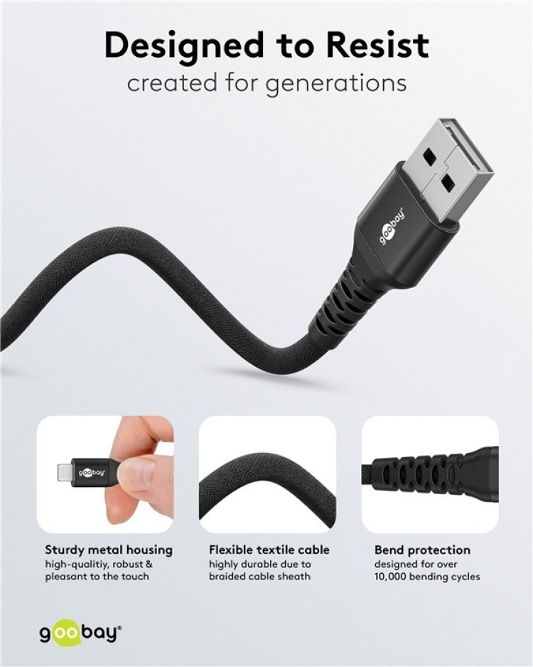 Goobay Lightning-USB-A supersoft textilkabel med metallkontakter, 1 m, svart MFi-certifierad, elegant och extra robust laddnings- och synkroniseringskabel för Apple iPhone/iPad (svart) Goobay Lightning-USB-A supersoft textilkabel med metallkontakter, 1 m, svart MFi-certifierad, elegant och extra robust laddnings- och synkroniseringskabel för Apple iPhone/iPad (svart)