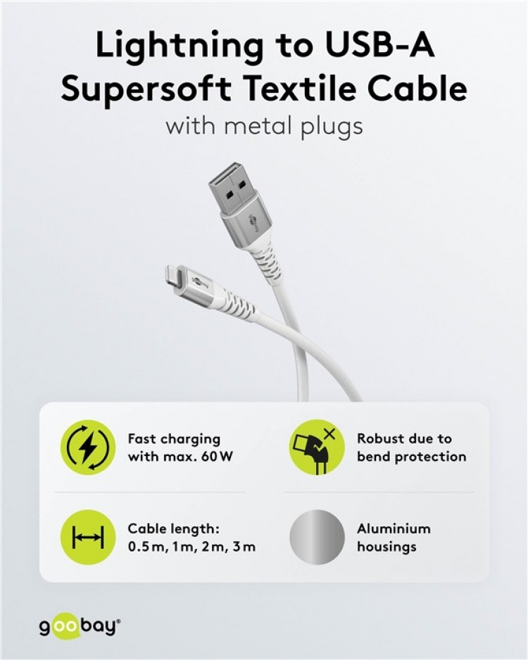 Goobay Lightning-USB-A supersoft textilkabel med metallkontakter, 0,5 m, vit MFi-certifierad, elegant och extra robust laddnings- och synkroniseringskabel för Apple iPhone/iPad (vit) Goobay Lightning-USB-A supersoft textilkabel med metallkontakter, 0,5 m, vit MFi-certifierad, elegant och extra robust laddnings- och synkroniseringskabel för Apple iPhone/iPad (vit)