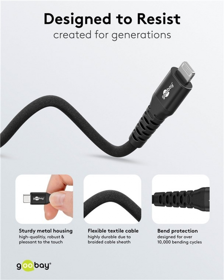Goobay Lightning-USB-C™ supersoft textilkabel med metallkontakter, 1 m, svart MFi-certifierad, elegant och extra robust laddnings- och synkroniseringskabel för Apple iPhone/iPad (svart) Goobay Lightning-USB-C™ supersoft textilkabel med metallkontakter, 1 m, svart MFi-certifierad, elegant och extra robust laddnings- och synkroniseringskabel för Apple iPhone/iPad (svart)