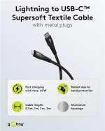 Goobay Lightning-USB-C™ supersoft textilkabel med metallkontakter, 3 m, svart MFi-certifierad, elegant och extra robust laddnings- och synkroniseringskabel för Apple iPhone/iPad (svart) Goobay Lightning-USB-C™ supersoft textilkabel med metallkontakter, 3 m, svart MFi-certifierad, elegant och extra robust laddnings- och synkroniseringskabel för Apple iPhone/iPad (svart)