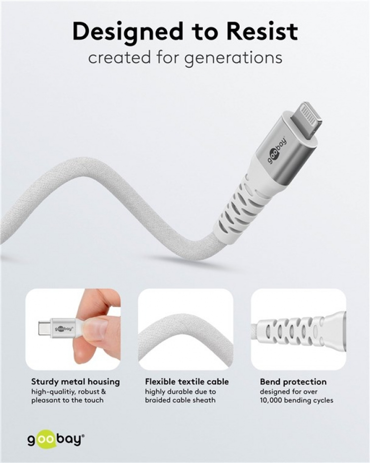 Goobay Lightning-USB-C™ supersoft textilkabel med metallkontakter, 0,5 m, vit MFi-certifierad, elegant och extra robust laddnings- och synkroniseringskabel för Apple iPhone/iPad (vit) Goobay Lightning-USB-C™ supersoft textilkabel med metallkontakter, 0,5 m, vit MFi-certifierad, elegant och extra robust laddnings- och synkroniseringskabel för Apple iPhone/iPad (vit)
