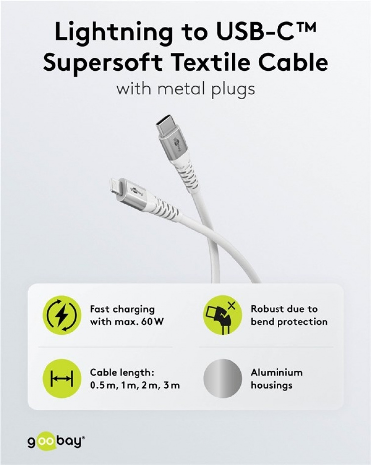 Goobay Lightning-USB-C™ supersoft textilkabel med metallkontakter, 2 m, vit MFi-certifierad, elegant och extra robust laddnings- och synkroniseringskabel för Apple iPhone/iPad (vit) Goobay Lightning-USB-C™ supersoft textilkabel med metallkontakter, 2 m, vit MFi-certifierad, elegant och extra robust laddnings- och synkroniseringskabel för Apple iPhone/iPad (vit)