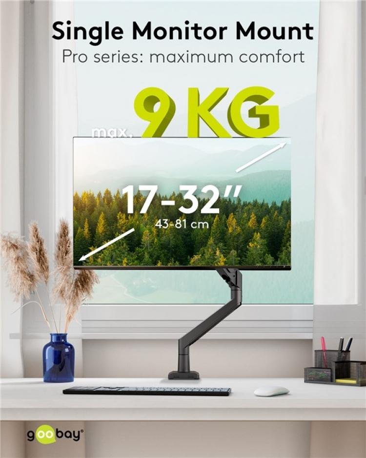 Goobay Single skärmfäste med gasfjäder, svart för bildskärmar från 17 till 32 tum (43 - 81 cm), max. 9 kg, enkel snap-in-montering av armarna