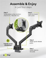 Goobay Dubbel skärmfäste med gasfjäder, svart för bildskärmar från 17 till 32 tum (43 - 81 cm), max. 9 kg per bildskärm, enkel snap-in-montering av armarna